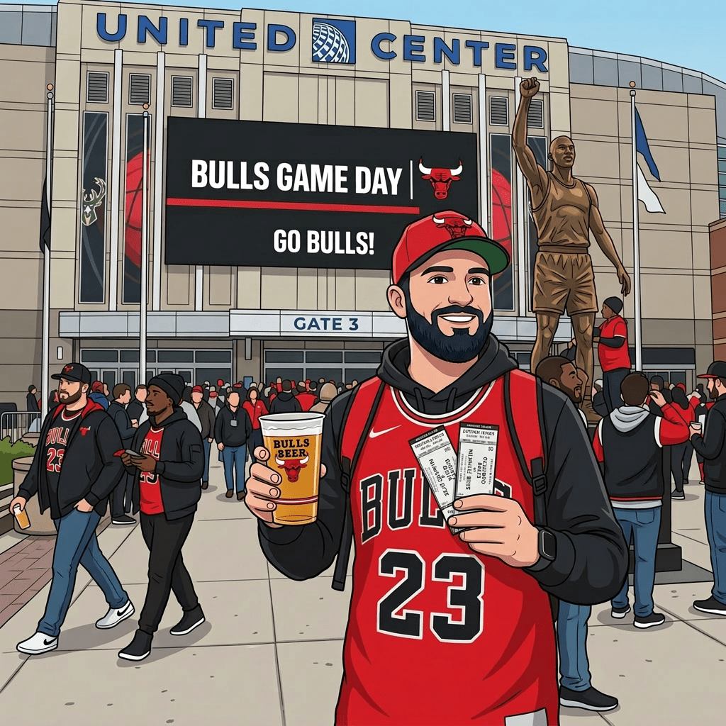 Fan in Chicago Bulls jersey and hat holding tickets and a beer cup outside United Center